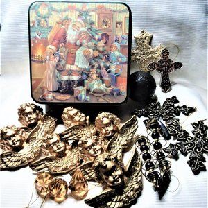 VTG 17pc Lot Christmas Ornament Gold Angels Glitter Beads Snowflakes Jewels Tin
